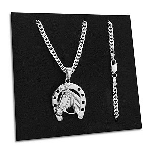 Corrente Masculina Grumet Cavalo Ferradura Prata 925 Maciça