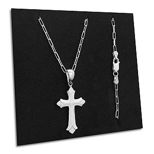Corrente Elos Cadeado e Crucifixo Prata 925 Legítima Maciça