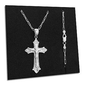 Corrente Elos Cadeado e Crucifixo Jesus Prata 925 Legítima