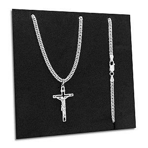 Corrente Masculina Grumet Dupla Crucifixo Jesus Prata 925