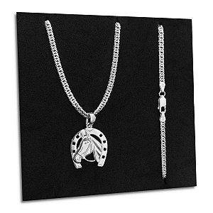 Corrente Masculina Grumet Dupla Cavalo Ferradura Prata 925