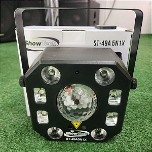 Multiefeitos 5 em 1 com controle remoto - Canhão de Luz, Estrobo, Luz UV, Laser Verde e Vermelho e Bola Maluca - LOCAÇÃO