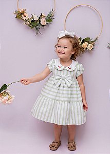 Vestido Bebê  Listras Verde e Branco