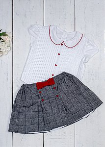 Conjunto Infantil Saia Quadriculado Cinza e Preto