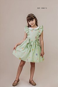 Vestido Infantil  Floral Fundo Verde Claro