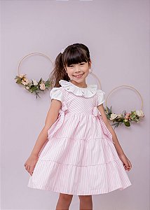 Vestido Infantil  Listras Rosa e Branco