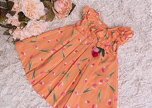 Vestido Bebê Laranja Tulipas Nervuras