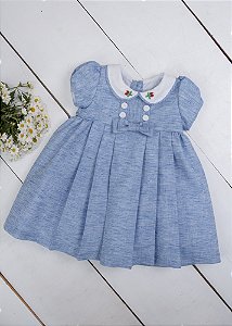 Vestido Bebê Botões Brancos Azul Mescla