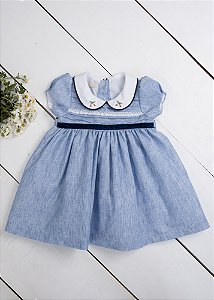 Vestido Bebê Fita de Veludo Marinho Azul Mescla