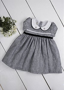 Vestido Bebê Fita de Veludo Preto Cinza Mescla