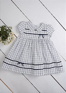 Vestido Bebê Off Quadriculado com Viés Marinho
