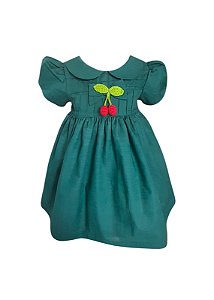 Vestido Bebê Verde Nervuras com Cereja de Crochê