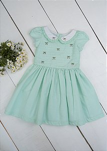 Vestido Infantil Bordado Cerejinha Rococo Verde Água