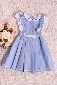 Vestido Infantil List Azul Claro Babado c/ Viés