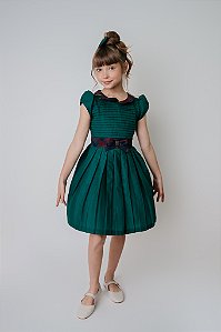 Vestido Infantil Verde com Palla e Gola Xadrez