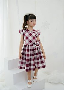 Vestido Infantil Xadrez Vinho com Off