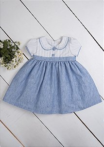 Vestido Bebê  Alinhavo na Gola Azul Mescla