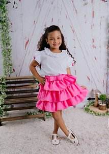 Conjunto Infantil Saia Tafeta e Camisa Branca Pink
