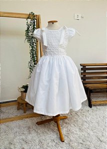 Vestido Infantil Tafeta Frente Nervuras Finas Branco Laço no Ombro