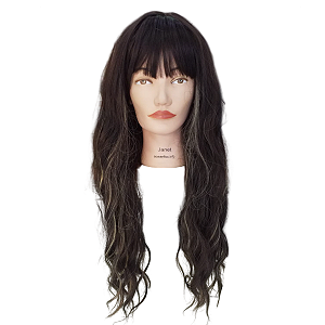Peruca Longa Ondulada Franja Mecha Cacheada Fibra Orgânica