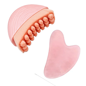 Kit Massagem Facial Guasha e Escova Lifting Rosa
