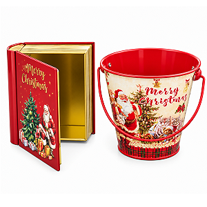 Kit Lata Livro Natalina e Balde de Natal Metálicos