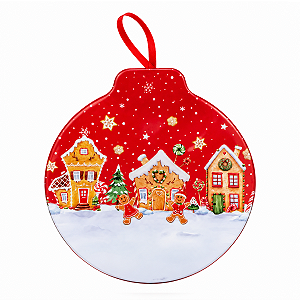 Lata Metal Bola de Natal Achatada Biscoito Vermelho 11x12cm