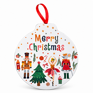 Lata Metal Bola de Natal Achatada Merry Christmas Branco 11x12cm