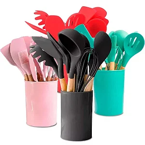Kit Utensílios Cozinha em Silicone e Cabo de Madeira Cores 10pcs  - W1-47-4