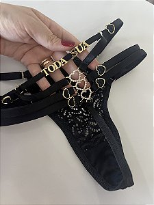 Calcinha Personalizada fio (u) 3 corações | Preta