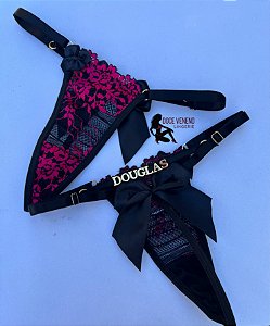 Calcinha personalizada sexy fio| laço - Preta/rosa