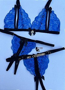 Conjunto Personalizado Sapeka com abertura na calcinha e sutia - Azul