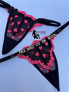 Calcinha personalizada semi fio| triângulo - Preta/coração Pink