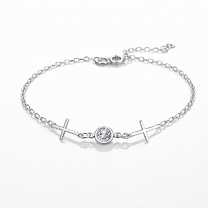 Pulseira Cruz e Ponto de Luz - Prata 925