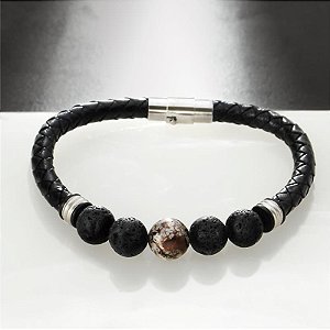 BRACELETE DE COURO PRETO COM PEDRAS VULCANICAS