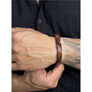 BRACELETE COURO FIOS E TIRAS MARROM FECHO AÇO INOX MAGNETICO