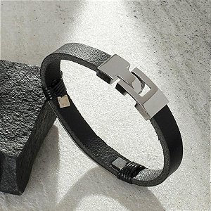 Bracelete De Couro Preto Batimento Cardíaco  Em Aço Inox