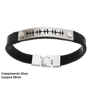 Bracelete De Couro Preto Batimento Cardíaco Em Aço Inox