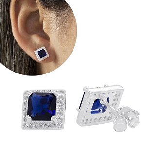 Conjunto de Prata Quadrado Com Microzirconias e Zirconia na cor Safira
