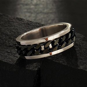ANEL GIRATORIO DE ACO POLIDO COM CORRENTE DE ELOS BLACK