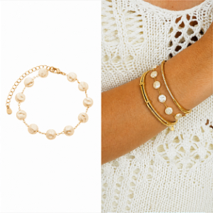 Pulseira Elegante Pérolas Moedas - Banhado Ouro