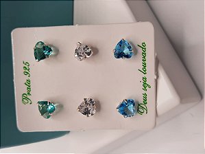 TRIO DE BRINCOS DE PRATA - CORAÇÃO COLORS