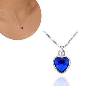Colar Prata Ponto de Luz Coração Safira