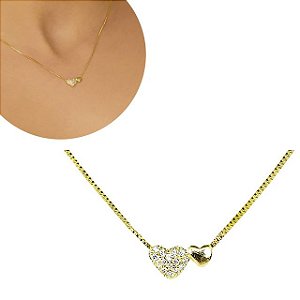 Colar 2 corações com zircônia Folheado em Ouro 18K - SEMIJOIA