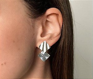 Brinco Losango e Coração Texturizado - Prata 925