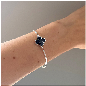 Pulseira de Prata 925 Trevo Detalhado Preto Pequeno
