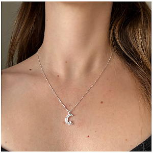 Colar de Prata 925 Lua e Estrela Cravejada em Zircônias Brancas