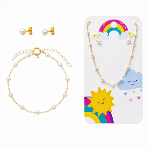 Conjunto Infantil Pérolas Brinco e Pulseira - Banhado Ouro