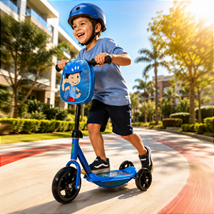 Patinete Infantil 3 Rodas Azul com Mochilinha, Guidão Emborrachado, Base Antiderrapante e Suporta 30kg