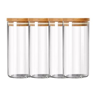 Pote Vidro Hermético Mantimentos Tampa Bambu 4 Peças Redondo